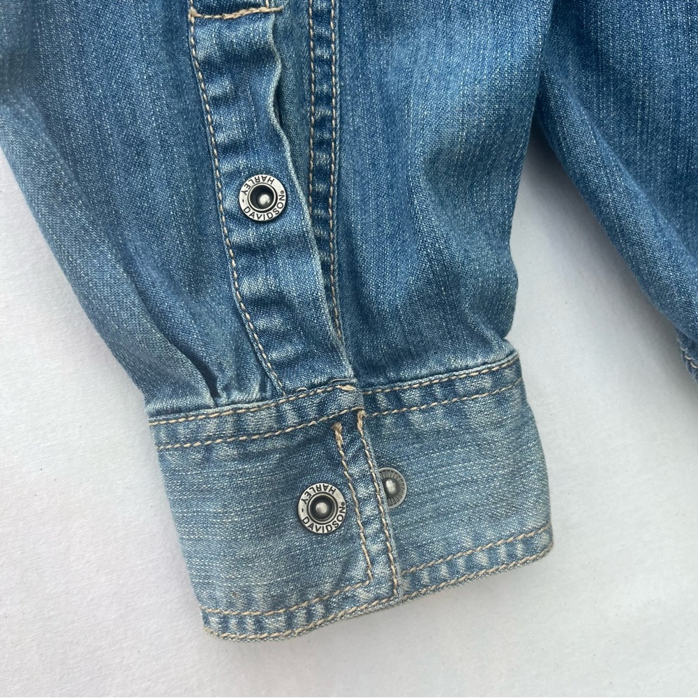 Harley‎ Davidson Denim Snap Shirt XL Embroidered Logo Biker Western Distressed - Picture 11 of 12